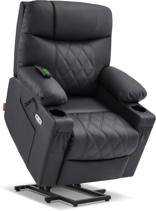 Small Size Power Lift Recliner Chair Sofa with Massage and Dual Heating, Adjustable Headrest for Elderly People Petite, USB Ports, Faux Leather 7111 (Black)-0