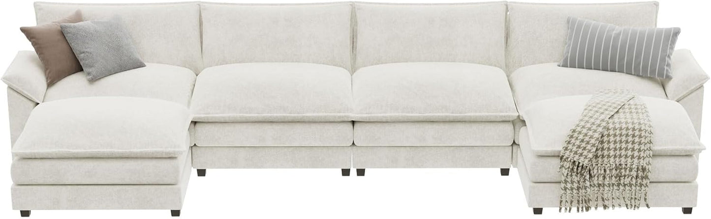 Sectional Modular Sofa U Shaped Chenille Fabric Couch with High Supportive & Soft Sponges and Removable Ottoman, Sleeper Comfy Upholstered Furniture for Living Room, White-2