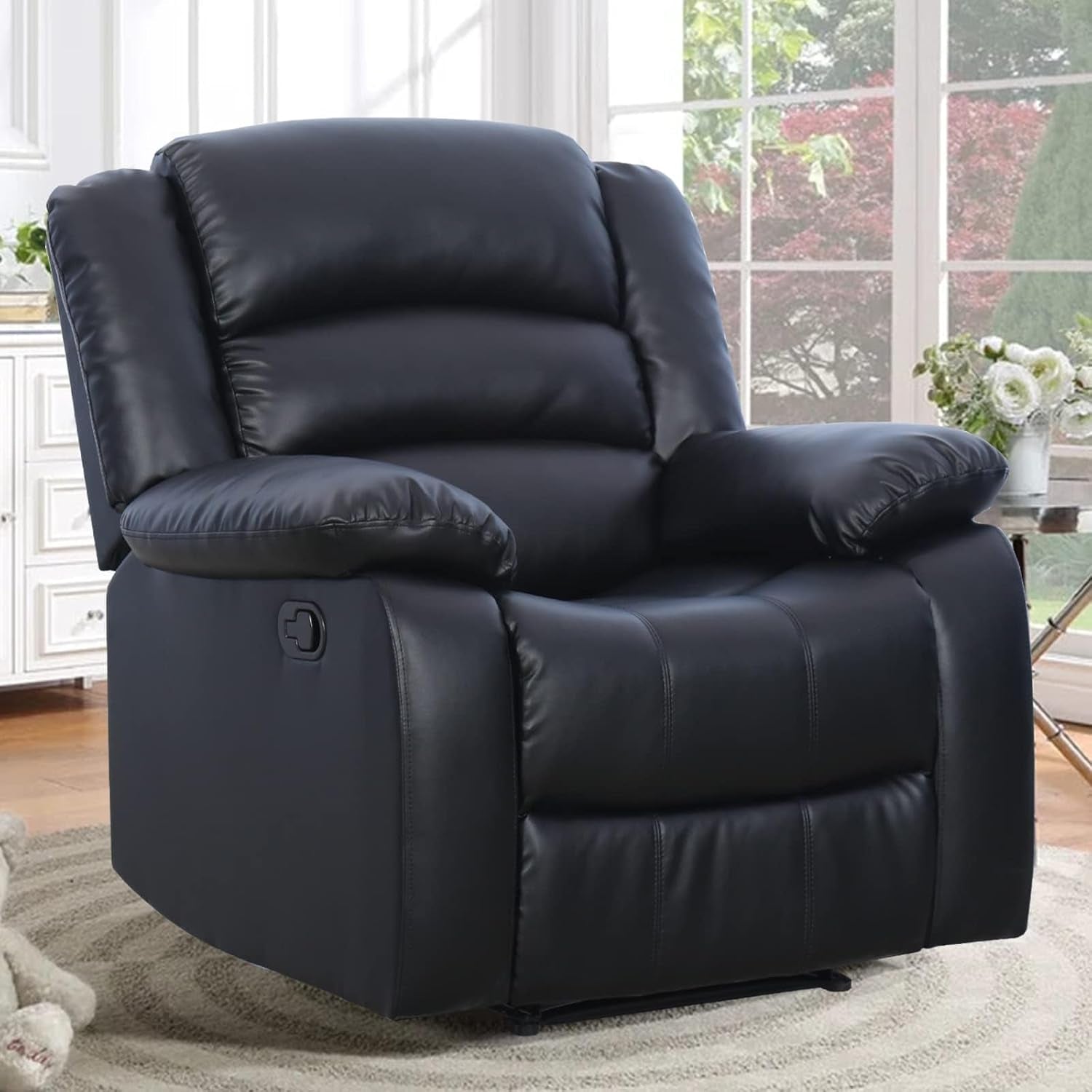 Black Recliner Chair Set of 2, with Overstuffed Arm and Back, Breathable Faux Leather Manual Reclining Chairs, Living Room Single Sofa Recliners-2