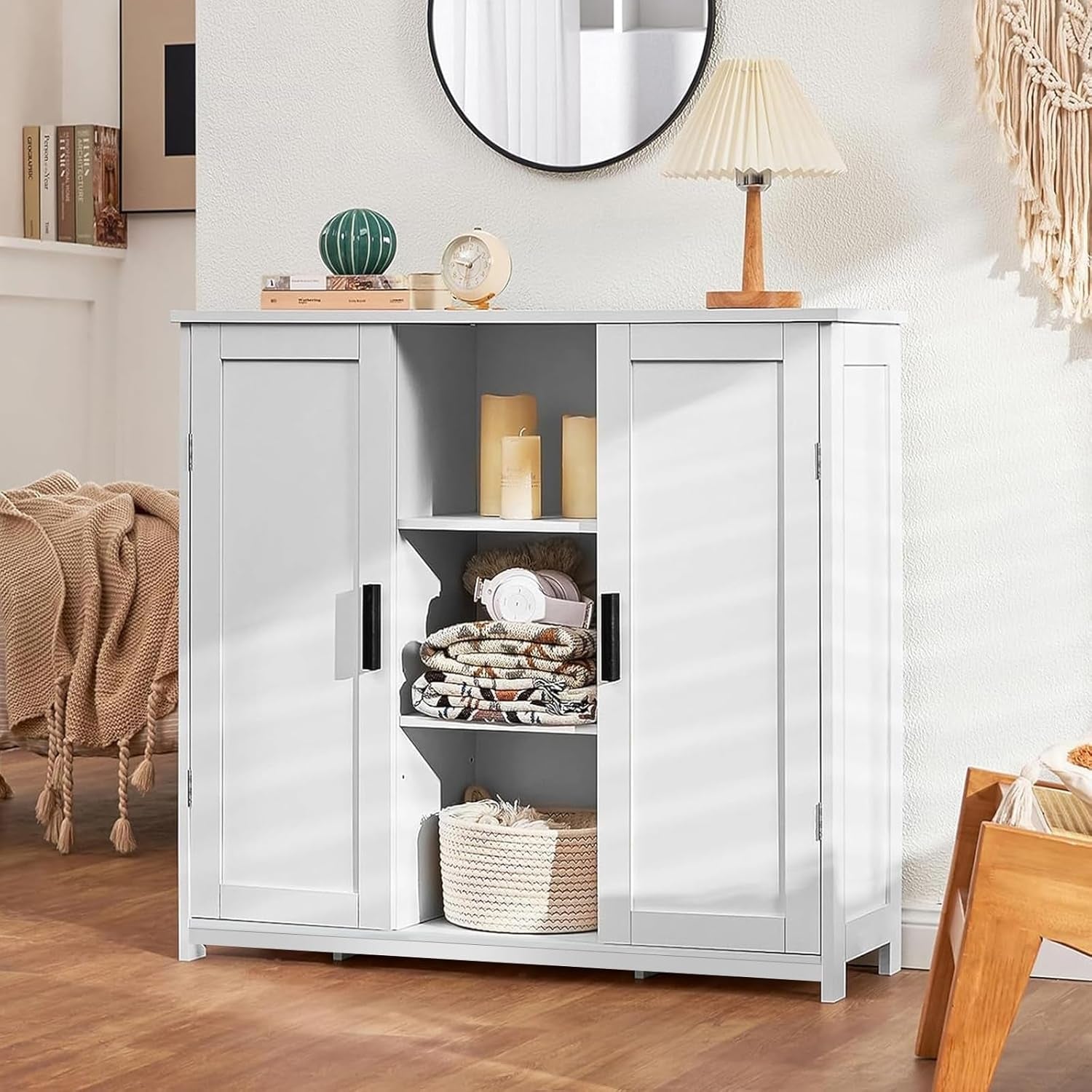 Storage Cabinet with 2 Doors and 4 Storage Shelves, Credenza Buffet Cabinet, Bathroom Cabinet for Living Room, Entryway, Home Office, White-4
