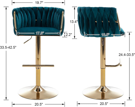 Modern Swivel Bar Stools Set of 2, Velvet Adjustable Height Barstool with Barrel Back Kitchen Island Counter Bar Chair with Golden Base, Teal Green-1