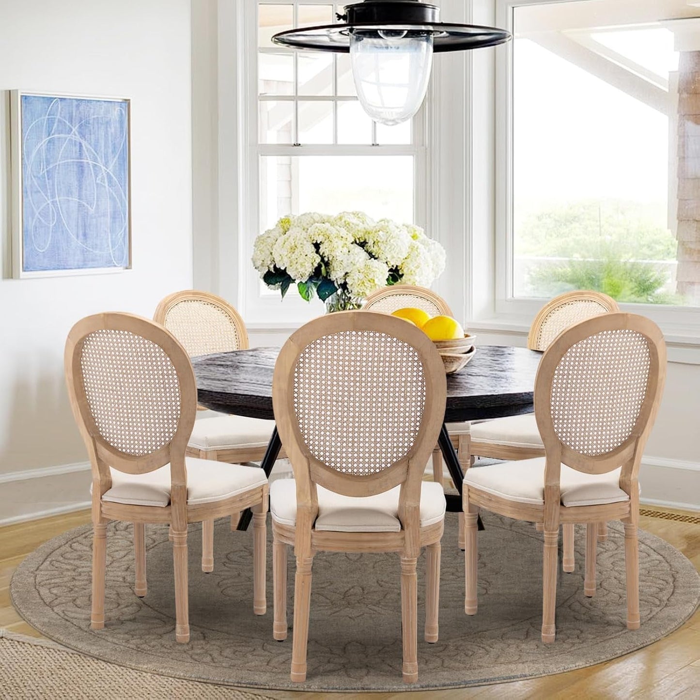 Rattan Back Upholstered Dining Chairs Set of 6 French Country Oval Kitchen Side Chairs with Wood Legs for Dining Room, Kitchen, Restaurant(Beige-Rattan)-1