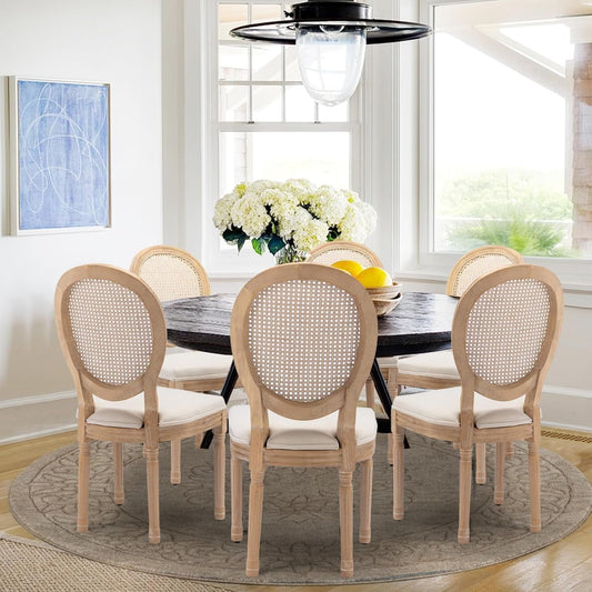 Rattan Back Upholstered Dining Chairs Set of 6 French Country Oval Kitchen Side Chairs with Wood Legs for Dining Room, Kitchen, Restaurant(Beige-Rattan)-1