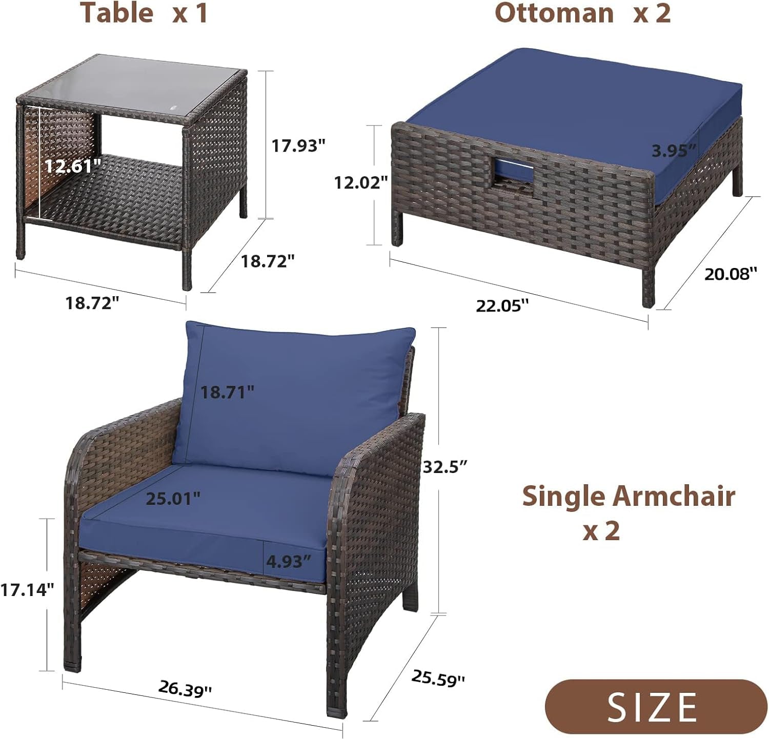 Balcony Furniture 5 Piece Patio Conversation Set, PE Wicker Rattan Outdoor Lounge Chairs with Soft Cushions 2 Ottoman&Glass Table for Porch, Lawn-Brown Wicker-2