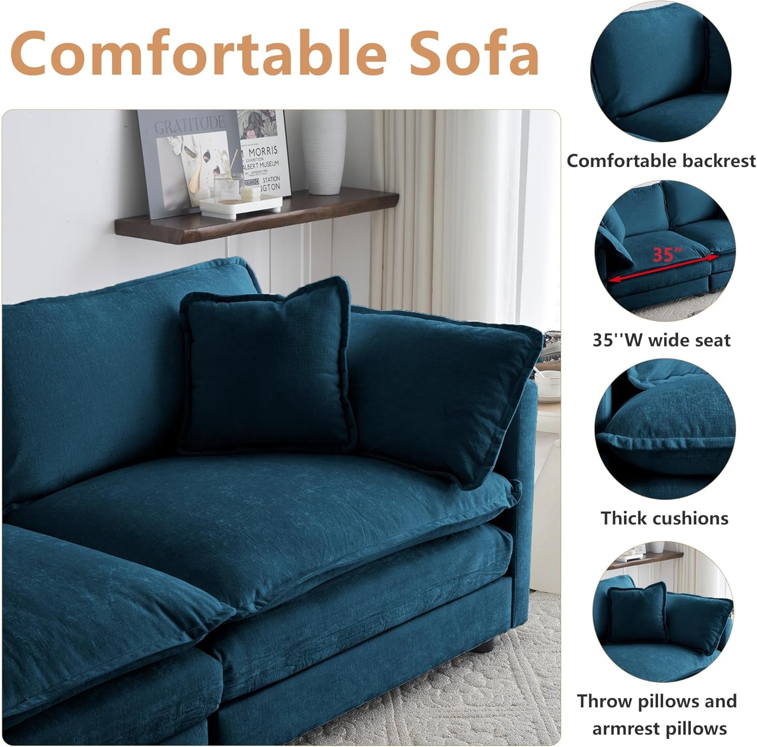 Luxury 3 Piece Sofa Set, 2 Pieces of Single Sofa and 1 Piece of 3 Seater Sofa, Modern Chenille Comfy Cloud Couches Set with 7 Pillows for Living Room Office, Blue-2