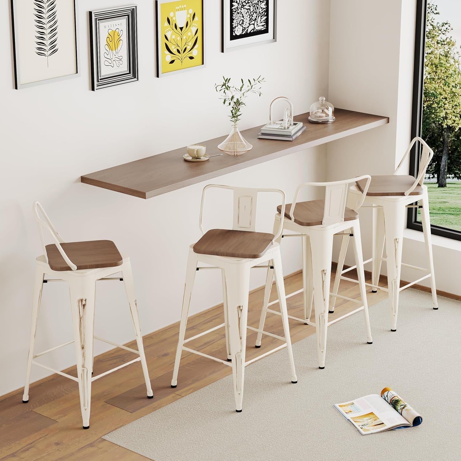 24" Swivel Metal Barstools Set of 4, Counter Height Bar Stools Industrial Bar Chairs with Modern Wooden Top-Low Back, Distressed White-3