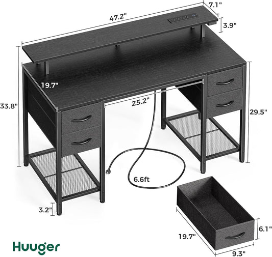 47 Inch Computer Desk with 4 Drawers, Gaming Desk with LED Lights & Power Outlets, Home Office Desk with Large Storage Space for Bedroom, Work from Home, Black-1
