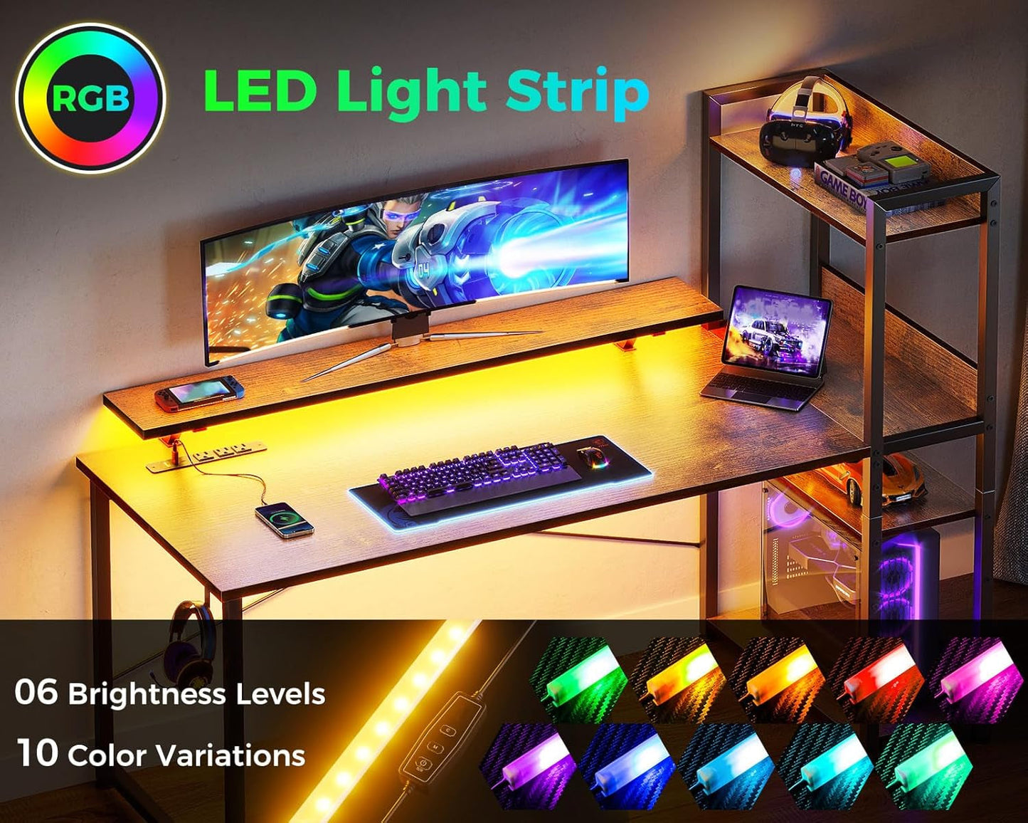 Reversible Gaming Desk with USB Charging Port and LED Lights, 40 Inch Computer Desk with Storage Shelves & Monitor Stand, Writing Study Table for Home Office, Small Space Bedroom, Rustic Brown-4