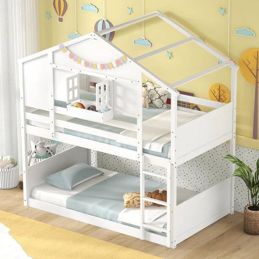Bunk Bed Twin over Twin, Wood House Bed for Kids with Roof, Window Door, Storage Box, Safety Guardrails, Wood Slats & Ladder, Floor Bunk Bed for Junior Boys Girls, No Box Spring Needed, White-0