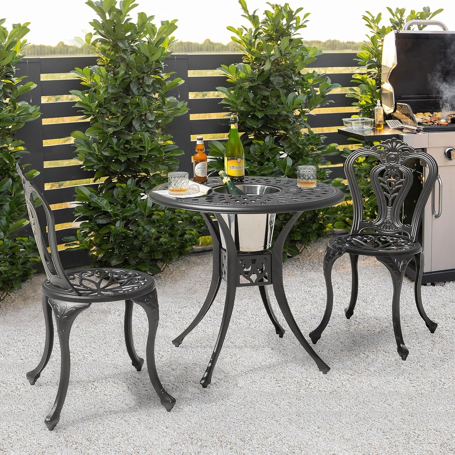 Bistro Set 3 Piece Outdoor All Weather Cast Aluminum Patio Bistro Set Patio Table and Chairs Set of 2 with Umbrella Hole for Backyard, Balcony, Lawn, Black-1
