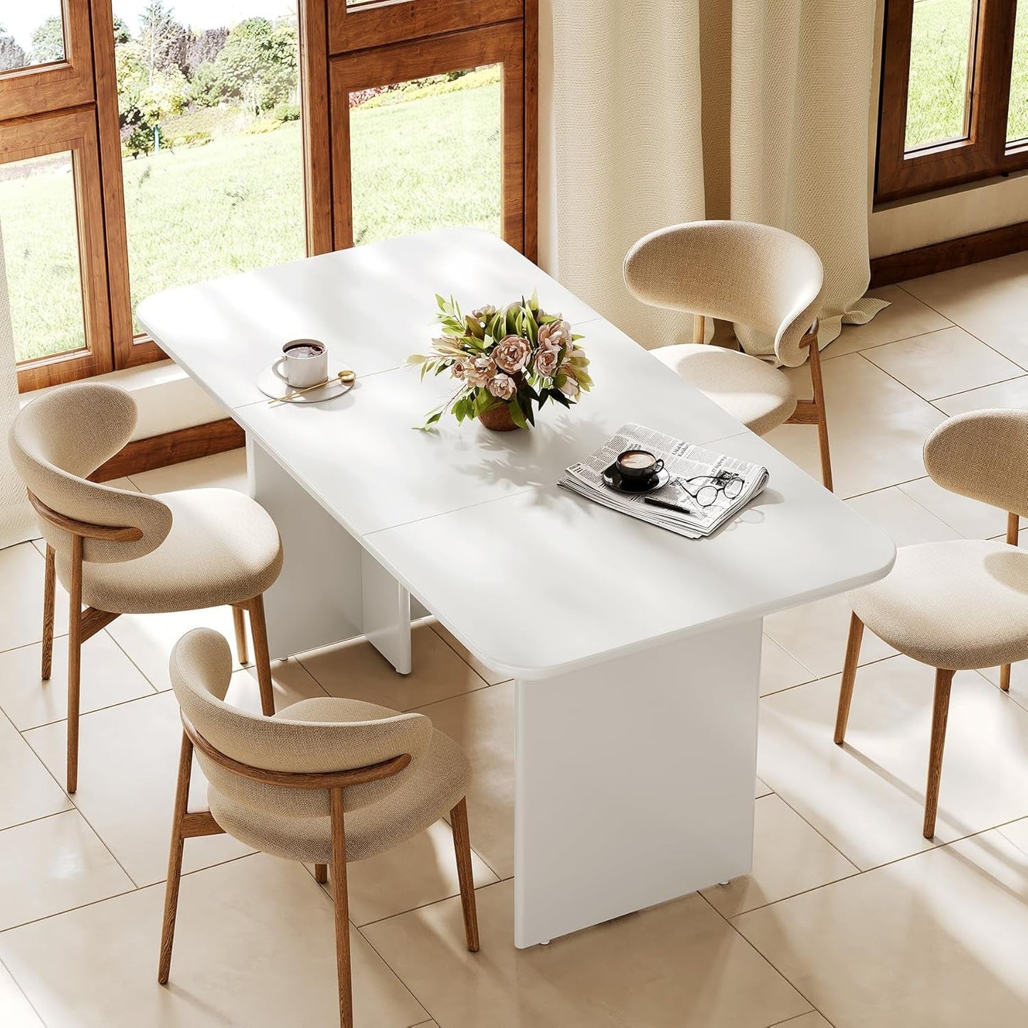 63-Inch Dining Table for 4-6 People, Large Kitchen Dinner Table with Arch Base Design for Kitchen Dining Room, Living Room, White-1