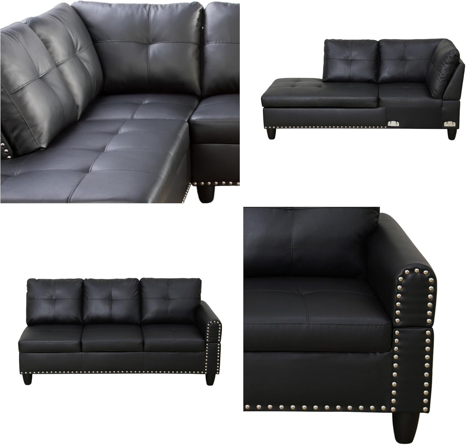 L Shaped Sectional Couches, Convertible Lounge Leather Couch with Reversible Cup Holder, Nail-Head Design Modern Modular Sectional Sofa for Living Room Furniture Sets, Black A-3
