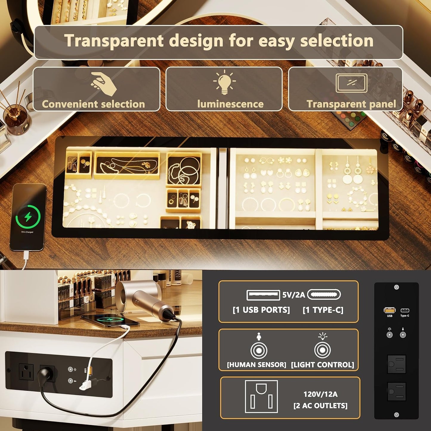 White Corner Vanity Mirror, Lights, Charging, Glass Top-3