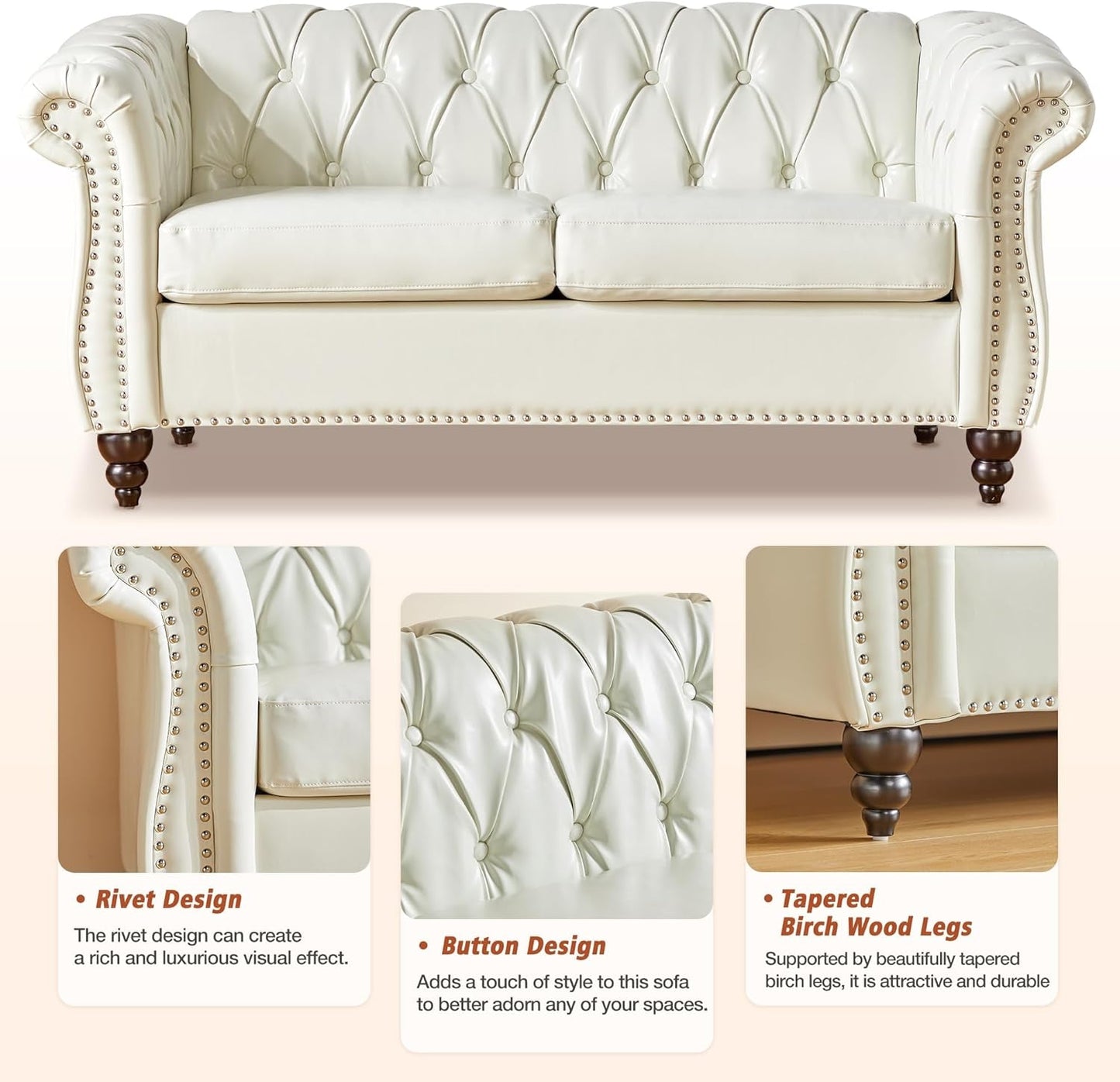 2 Piece Living Room Set, Chesterfield Faux Leather Sofa Couch Chair with Scroll Arms and Nailhead for Living Room, Office (White)-4