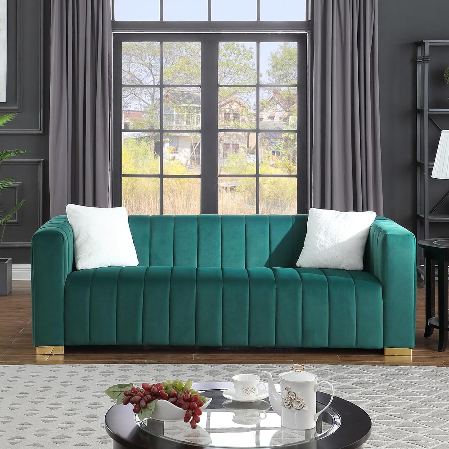 Velvet 3 Seater Sofa Couch with 2 Pillows, Channel Tufted, Square Arms & Gold Metal Legs for Living Room Apartment Office, 87.01”W (Green)-2