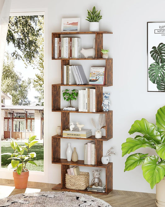 Geometric Bookcase, Bookshelf 6-Tier S Shaped Book Shelves for Bedroom, Modern Wood Decorative Display Shelf Tall Book Case for Home Office, Rustic Brown-1