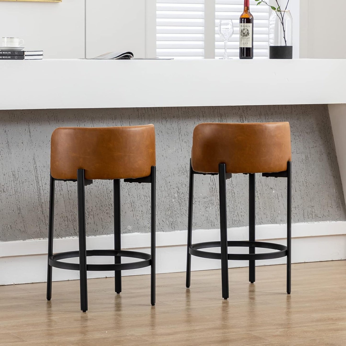 Counter Height Bar Stools 26" round Barstools Set of 2, Modern Faux Leather Counter Stools with Black Metal Legs for for Kitchen Island Counter, Small Space, Brown-2
