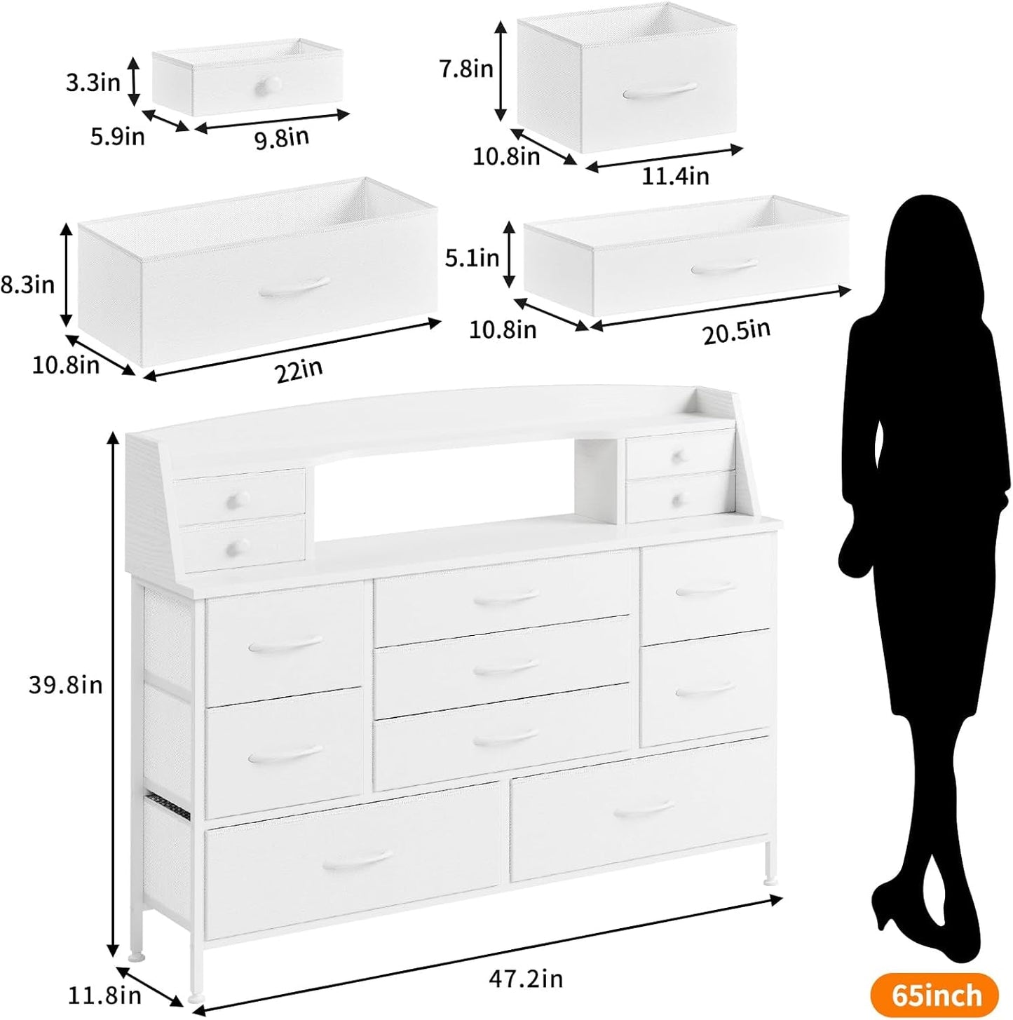 White Dresser for Bedroom with 13 Drawers, Fabric Chest of Drawers with PU Finish for Kids, Girls, Adults, Nursery, Living Room, Closet, Entryway, Hallway (No LED Lights)-1