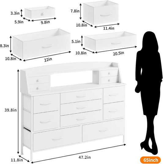 White Dresser for Bedroom with 13 Drawers, Fabric Chest of Drawers with PU Finish for Kids, Girls, Adults, Nursery, Living Room, Closet, Entryway, Hallway (No LED Lights)-1