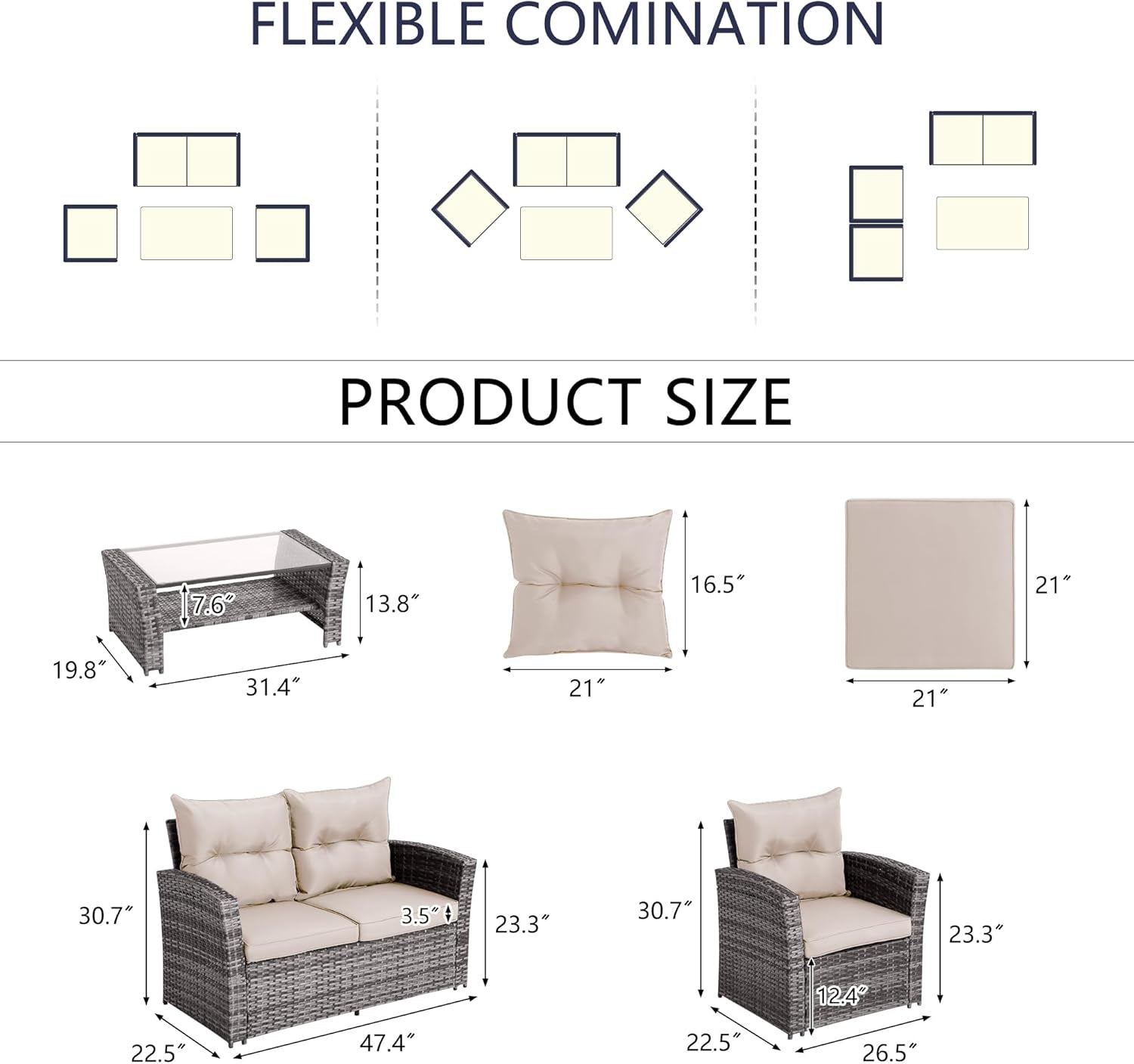 Patio Furniture Set,Outdoor Seating Patio Loveseat, 4 PCS Rattan Wicker Conversation Set with Glass Top Table and Chairs for Garden, Porch, Deck (Beige, 4Pcs)-2