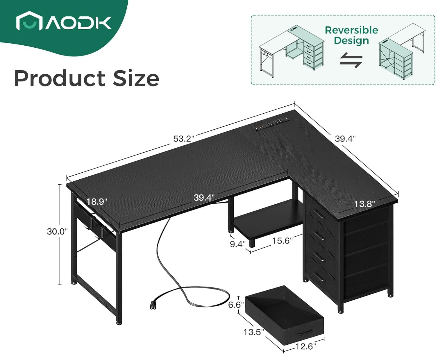 L Shaped Gaming Desk with 4 Drawers, 53" Reversible Home Office Desks with Power Outlets, L Shaped Computer Desk with USB Charging Port and Host Stand, Corner Desk, Easy to Assemble, Black-2