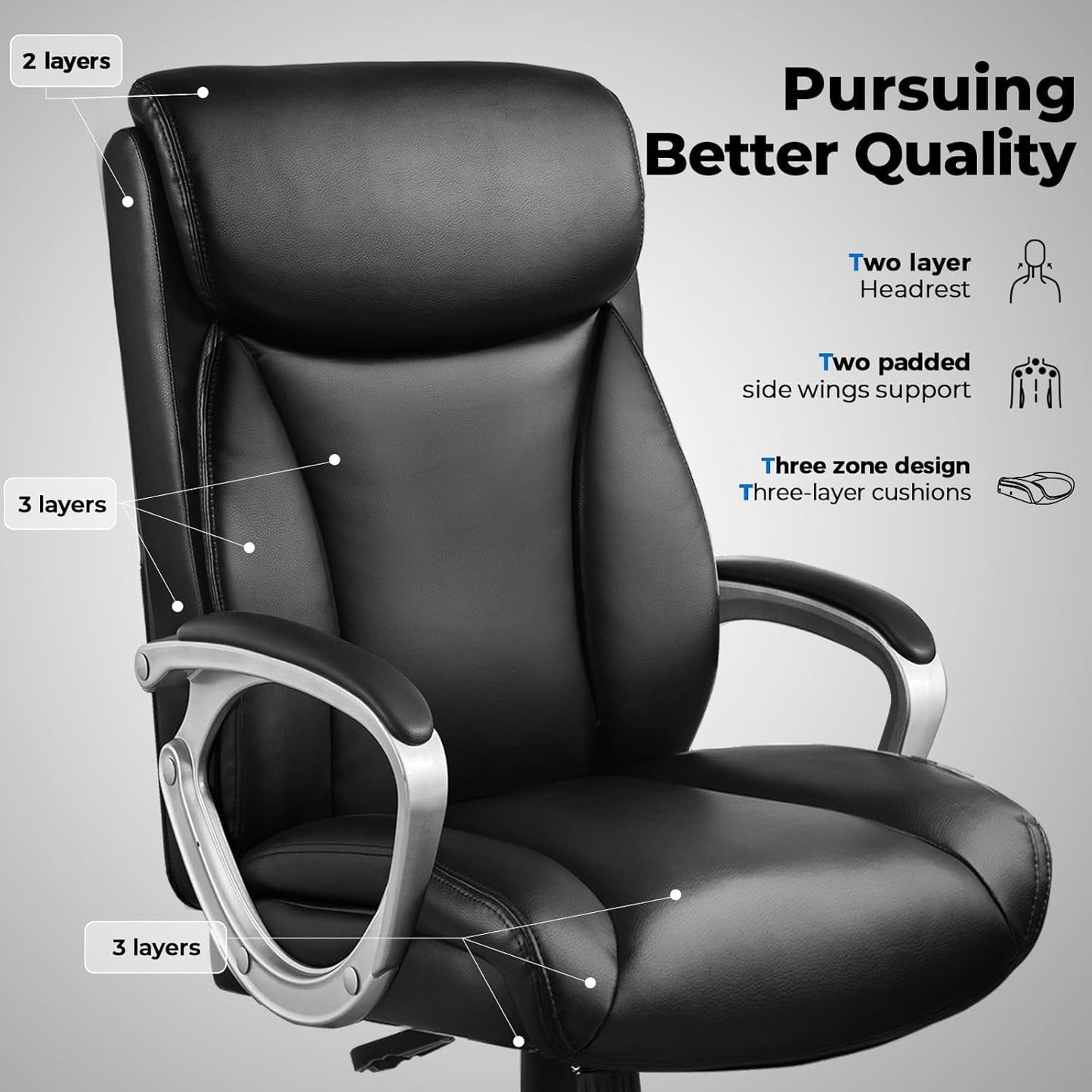 Ergonomic Office Chair Home Office Desk Chairs Comfy Back Support PU Leather Executive Office Chair with Wheels Headrest Padded Armrests Height Adjustable Tilt Swivel Rolling Reclining Seat-3
