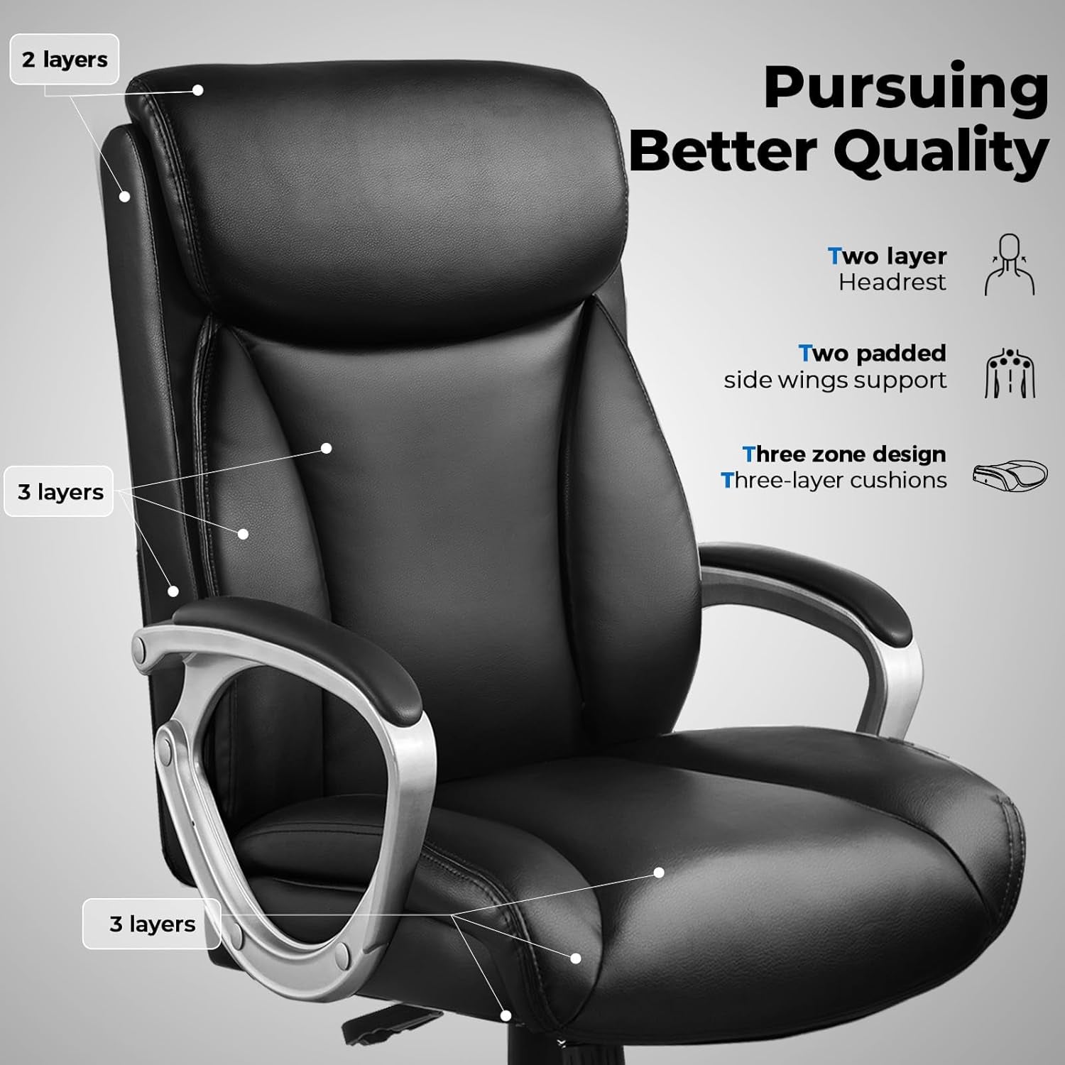 Ergonomic Office Chair Home Office Desk Chairs Comfy Back Support PU Leather Executive Office Chair with Wheels Headrest Padded Armrests Height Adjustable Tilt Swivel Rolling Reclining Seat-3
