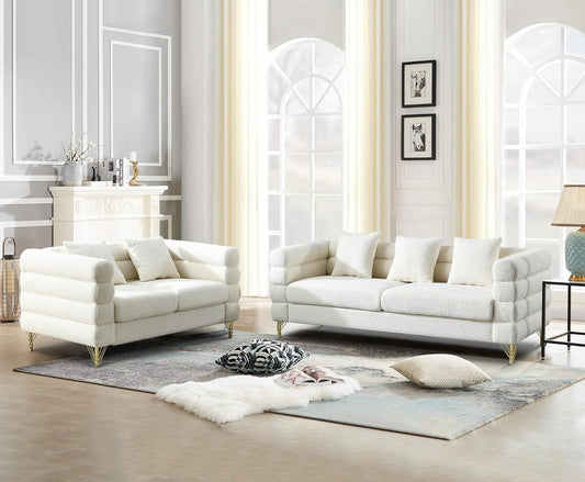 2 Piece Living Room Sofa Set, Comfy Boucle Couch with Loveseat and 3 Seater, Upholstered Sofa Couch with 2 Pillows and Deep Seat Design for Office, Waiting Room, White Teddy-0