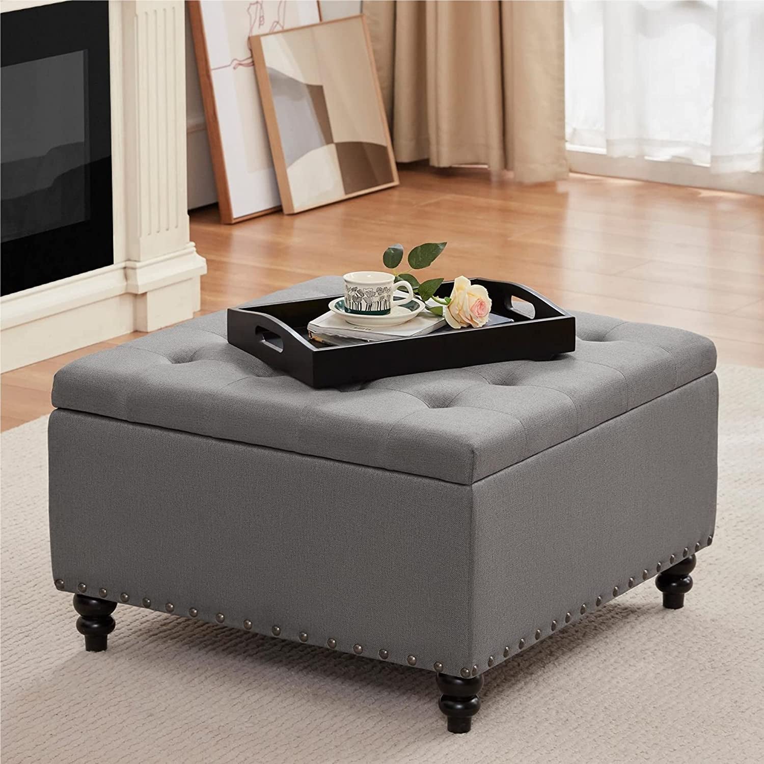 Grey Tufted Ottoman with Storage and Tray-1