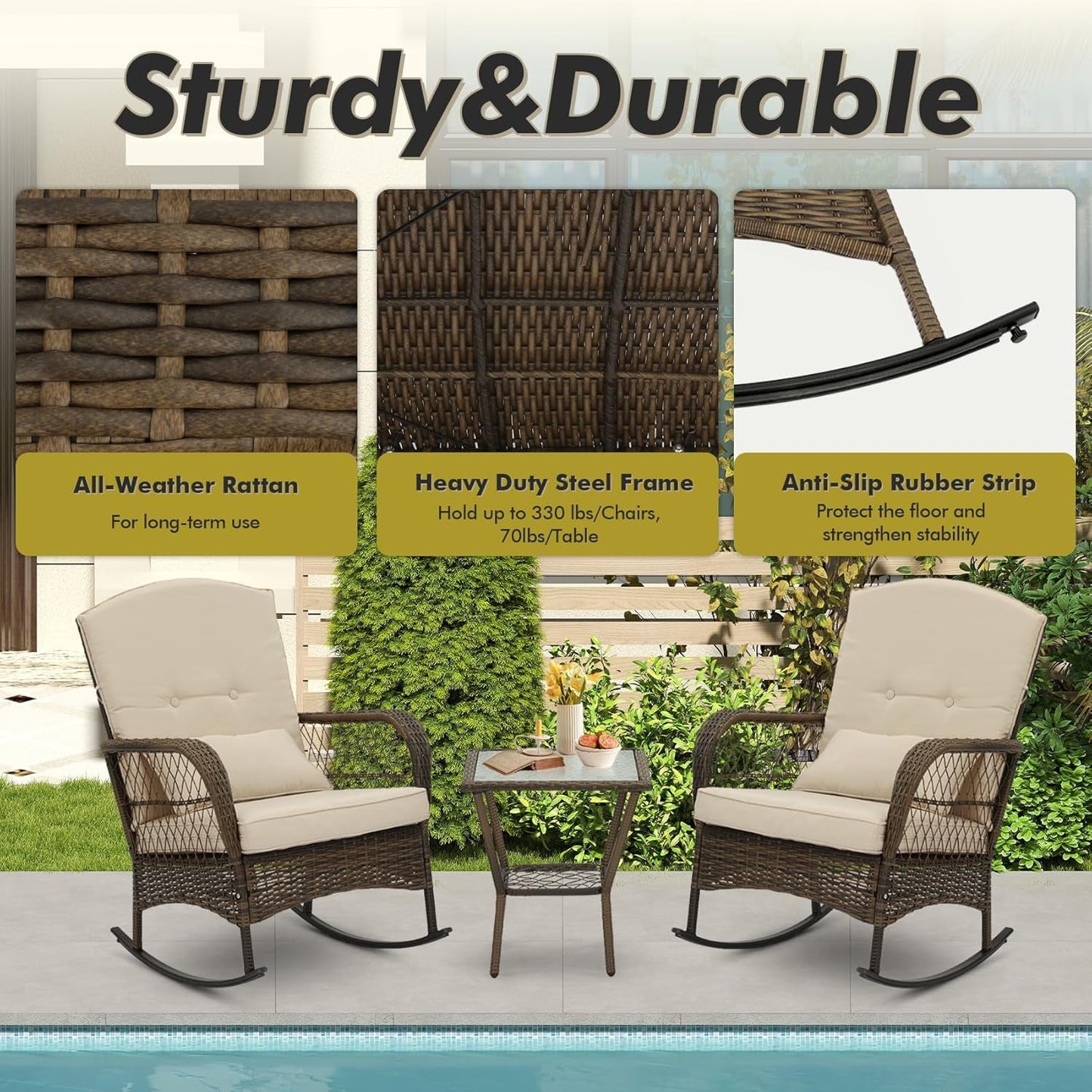 3 Piece Rocking Bistro Set Wicker Outdoor Patio Chairs Rattan Conversation Sets with Coffee Table for Patio, Porch, Backyard, Balcony, Poolside and Garden (Beige)-3