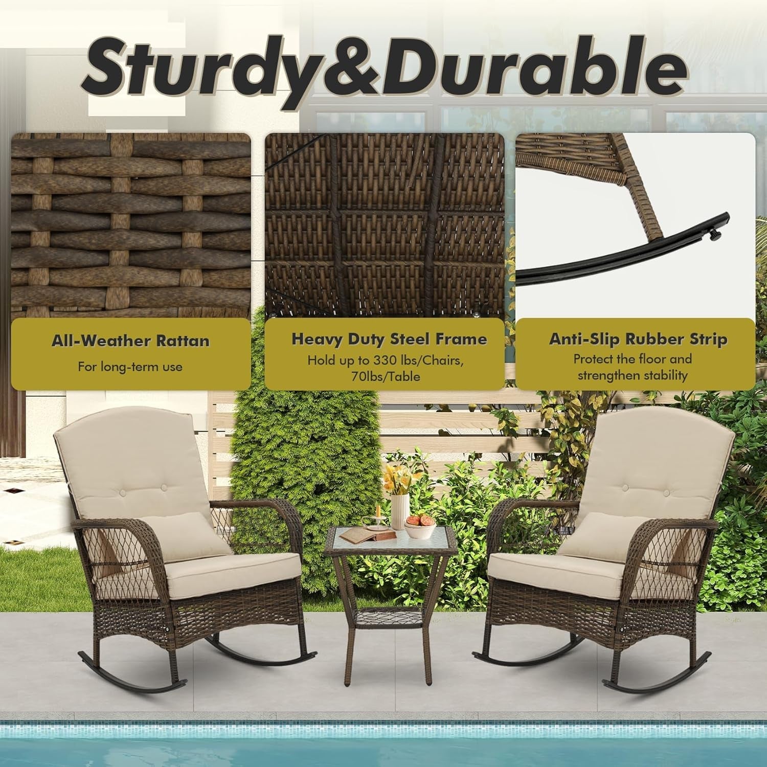 3 Piece Rocking Bistro Set Wicker Outdoor Patio Chairs Rattan Conversation Sets with Coffee Table for Patio, Porch, Backyard, Balcony, Poolside and Garden (Beige)-3