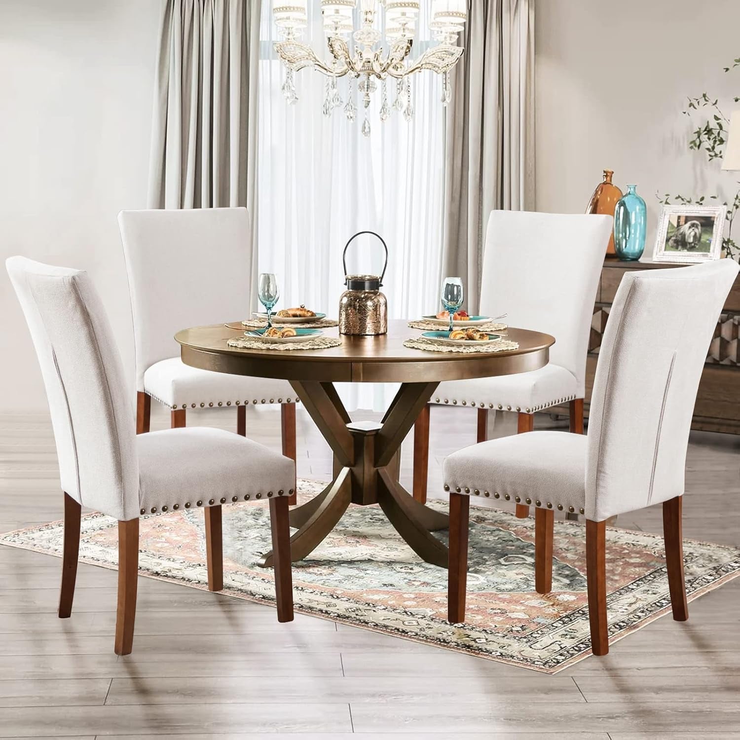 Parsons Dining Chairs Set of 4, Upholstered Nailhead Dining Room Kitchen Side Chair with Thick Cushions and Wood Legs, Beige-1