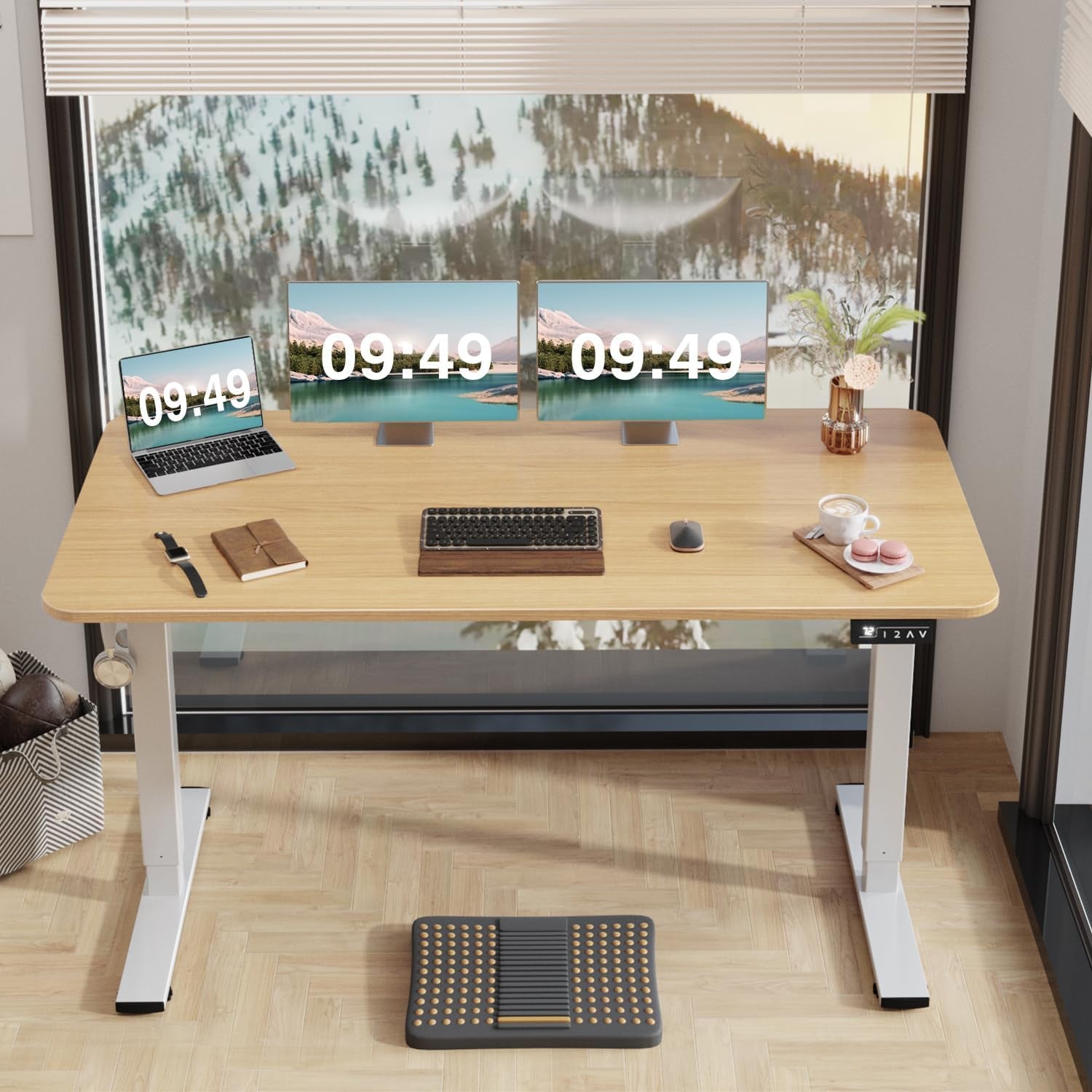 Electric Height Adjustable Standing Desk Large 55 X 24 Inches Sit Stand up Desk Home Office Computer Desk Memory Preset with T-Shaped Metal Bracket, Light Wood-1