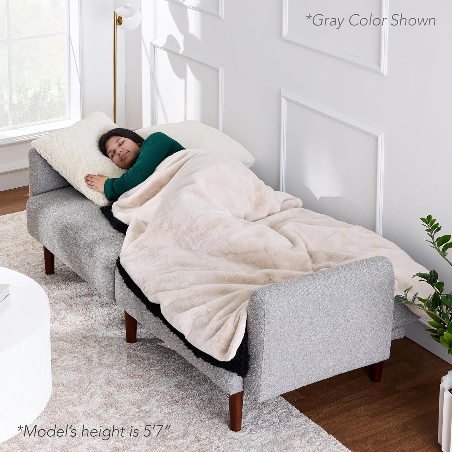 77" Mid Century Modern Boucle Loveseat Sofa, Couch, Convertible Sofa Sleeper Bed W/Real Wood, Removable Armrest - Evergreen-4