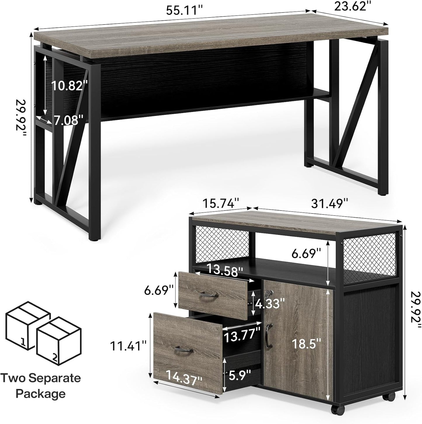 55" Executive Computer Desk and Lateral File Cabinet, L-Shaped Office Desk for Home Office, Furniture Set, Grey-2