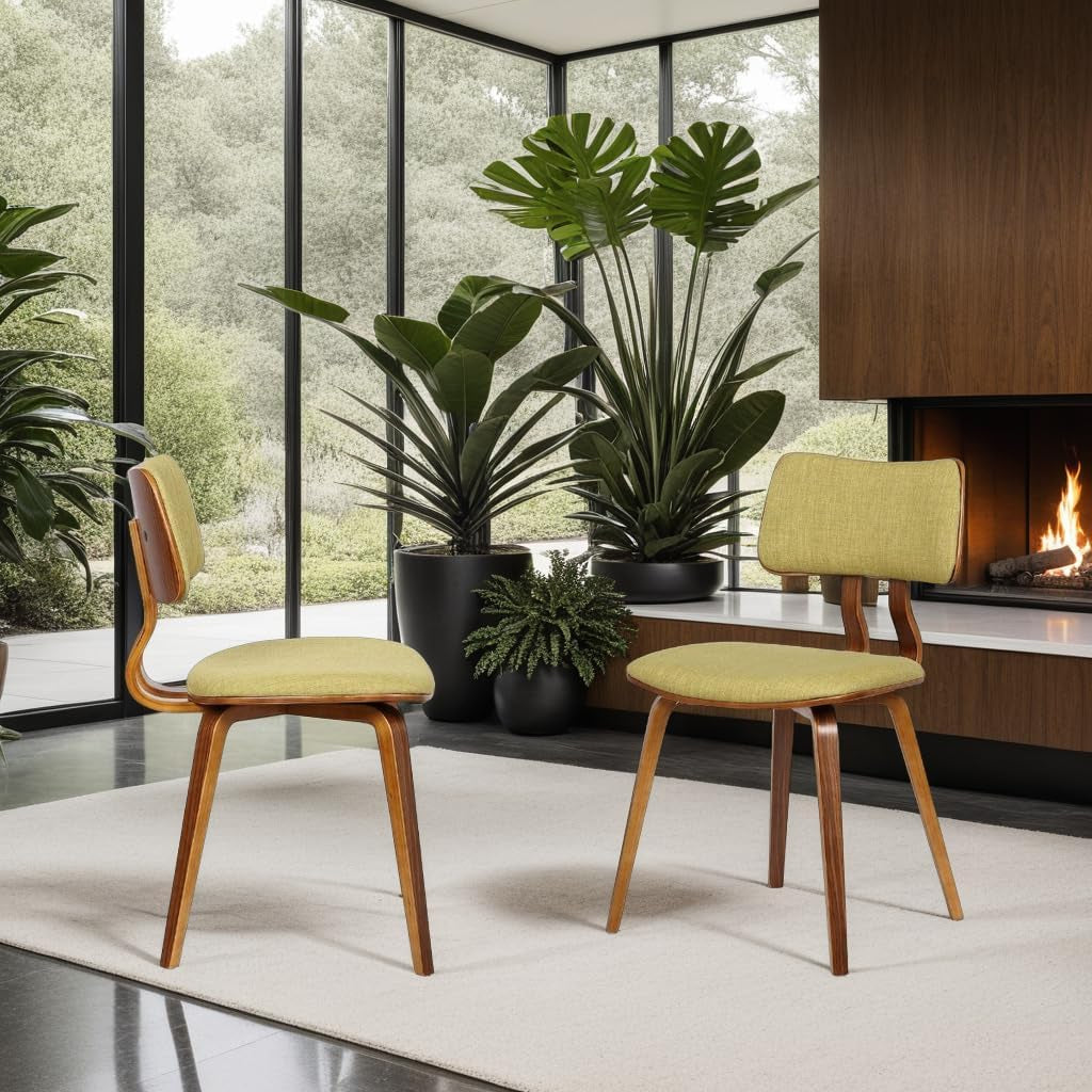 Jaguar Mid Century Modern Dining Accent Chair for Kitchen Table Desk Vanity in Green Fabric and Walnut Wood Finish-1