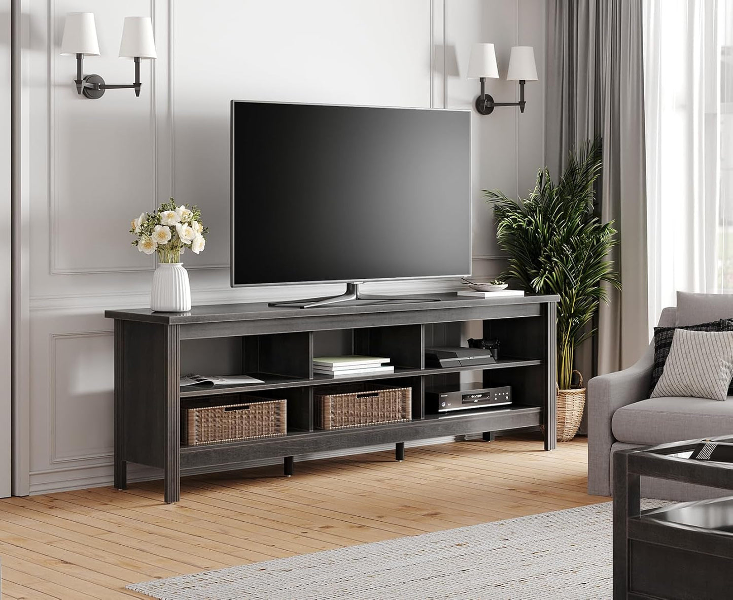 Classic TV Stand for 75+ Inch TV, Wood Entertainment Center, TV Console Table with 6 Storages for Bedroom, 70 Inch Media Table for Living Room, Black-2