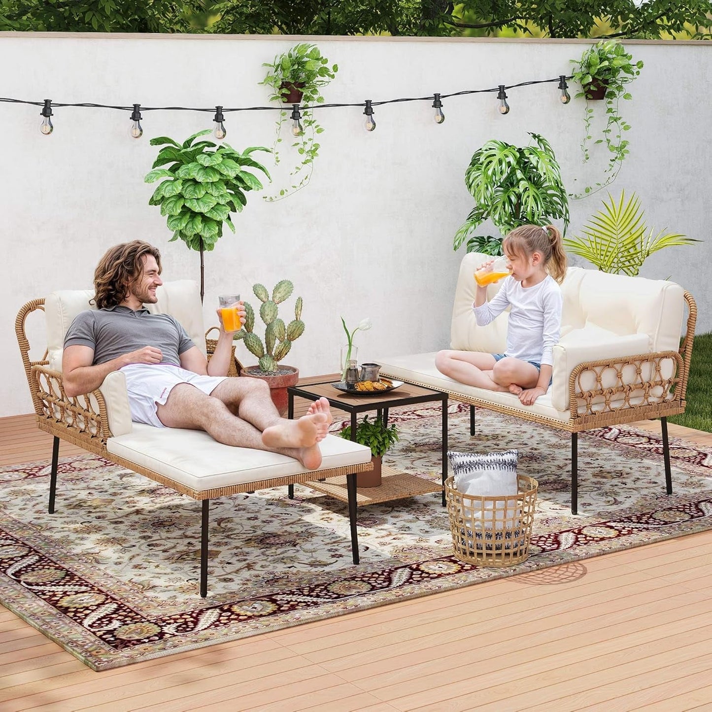Patio Furniture Set, 3-Piece Outdoor Wicker Conversation Sectional L-Shaped Sofa with 4 Seater for Backyard, Porch, Boho Detachable Lounger with Cushions and Coffee Table - Beige-3