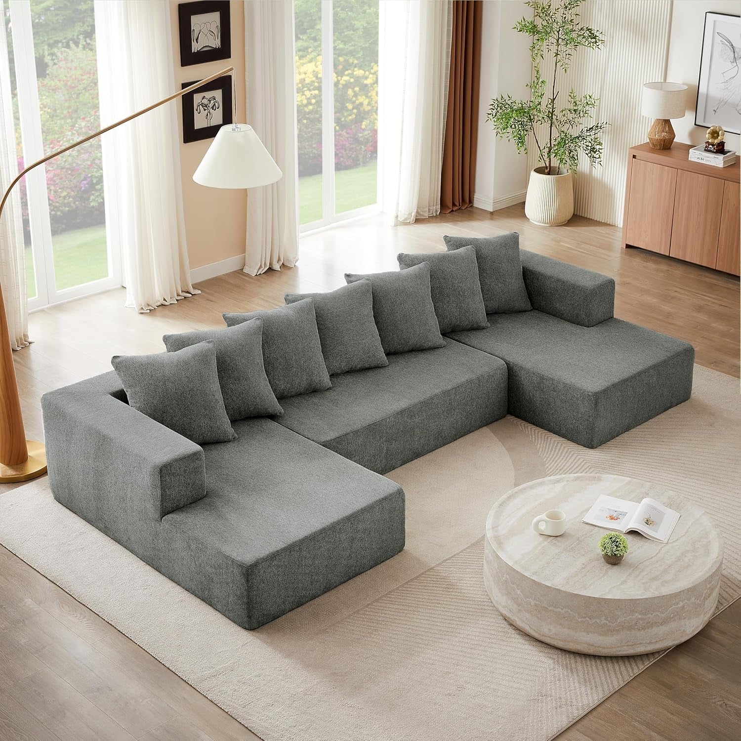 U-Shaped Modular Sectional Sofa 6-Seater, Grey Chenille-0