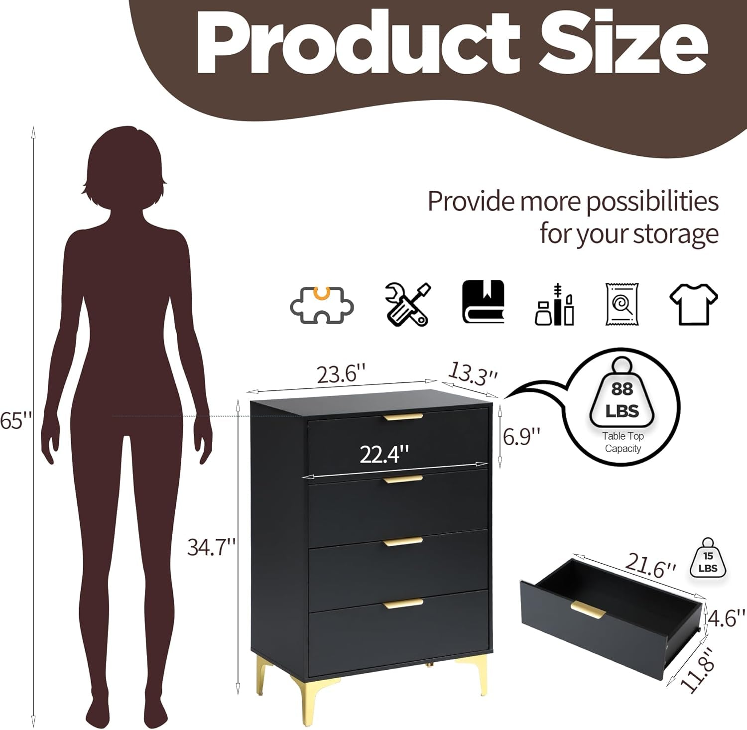 Dresser for Bedroom with 4 Drawers, Wood Chest of Drawers, Dresser Storage Cabinet, 4 Drawer Dresser for Bedroom, Living Room, Entryway, Cloakroom (Black)-1