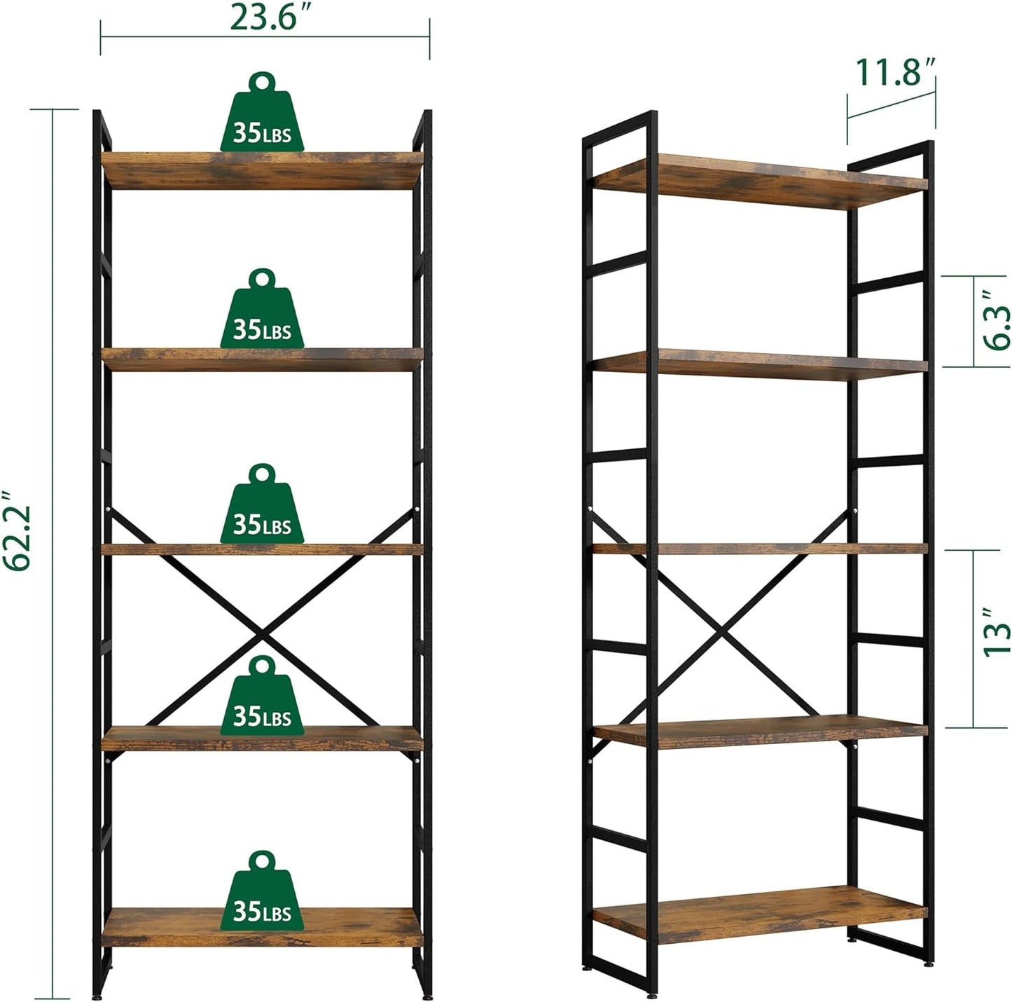Pair 5 Shelf Bookcases: Tall Rustic Industrial-3
