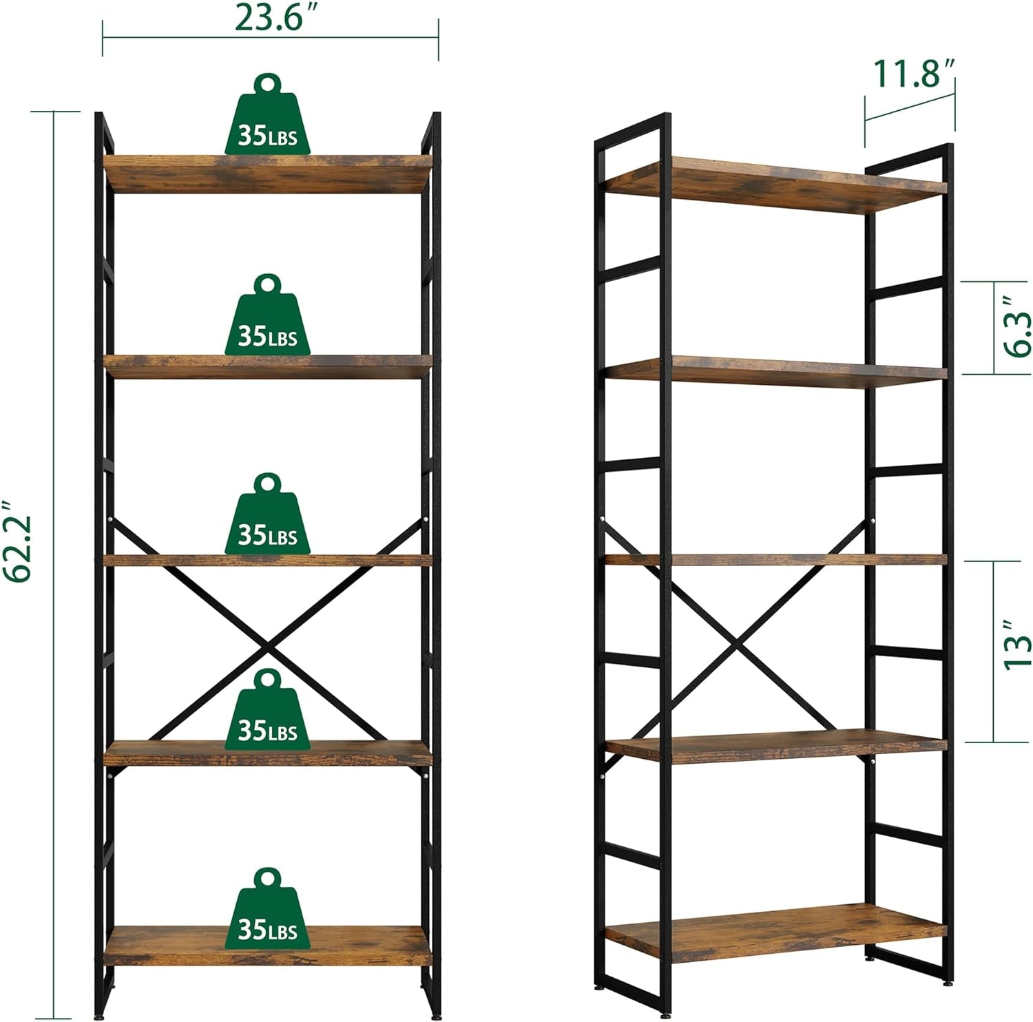 Pair 5 Shelf Bookcases: Tall Rustic Industrial-3