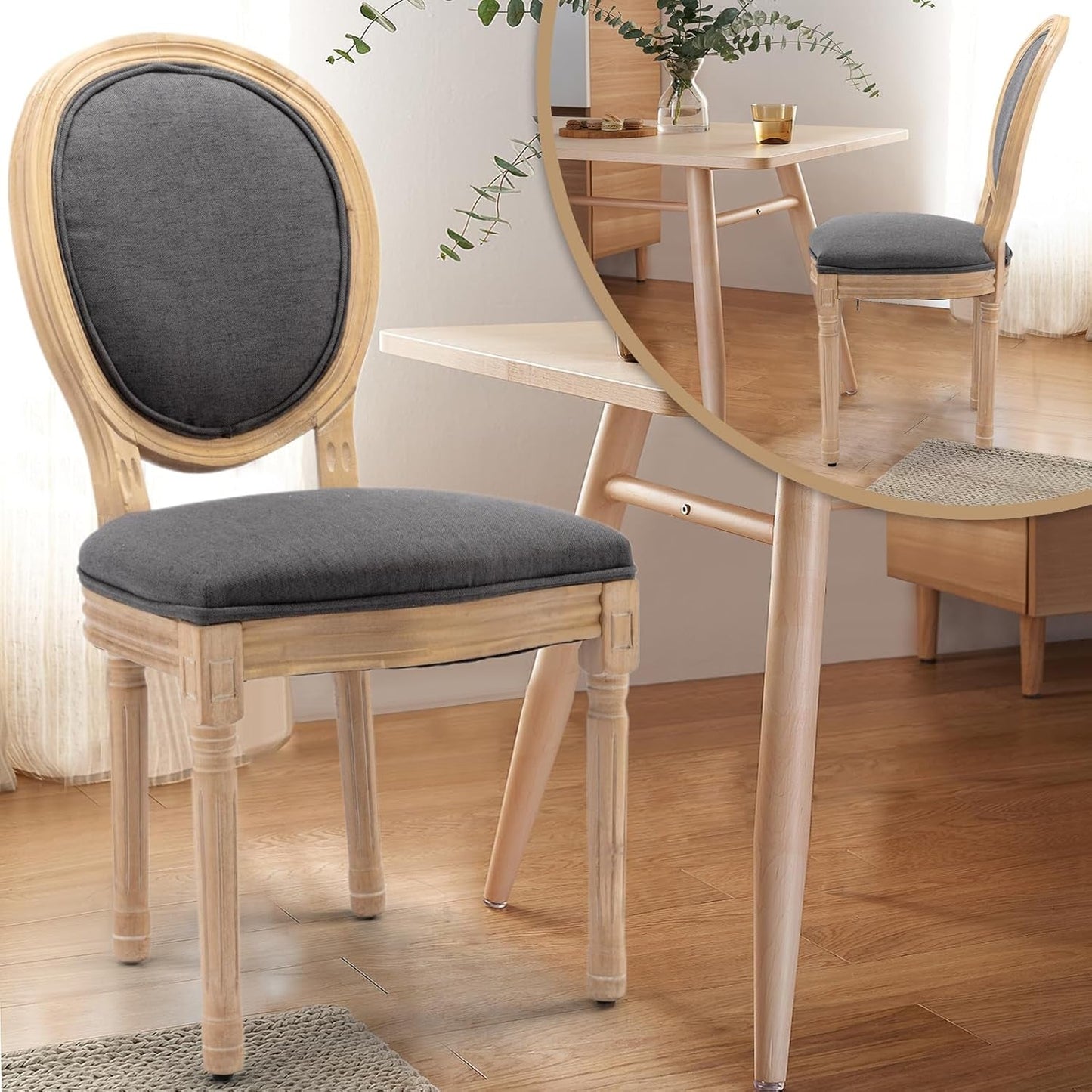 Upholstered Dining Chairs Set of 6 French Country Oval Fabric Back Kitchen Side Chair with Wood Legs for Dining Room, Kitchen, Restaurant(Dark Grey-Fabric)-3