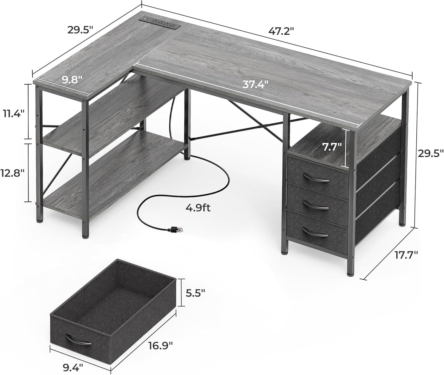 L Shaped Desk with Power Outlets, Computer Desk with 3 Drawers, 47 Inch Office Desk with Shelves, Gaming Desk, Corner Desk Work Desk for Home Office, Study, Grey-2
