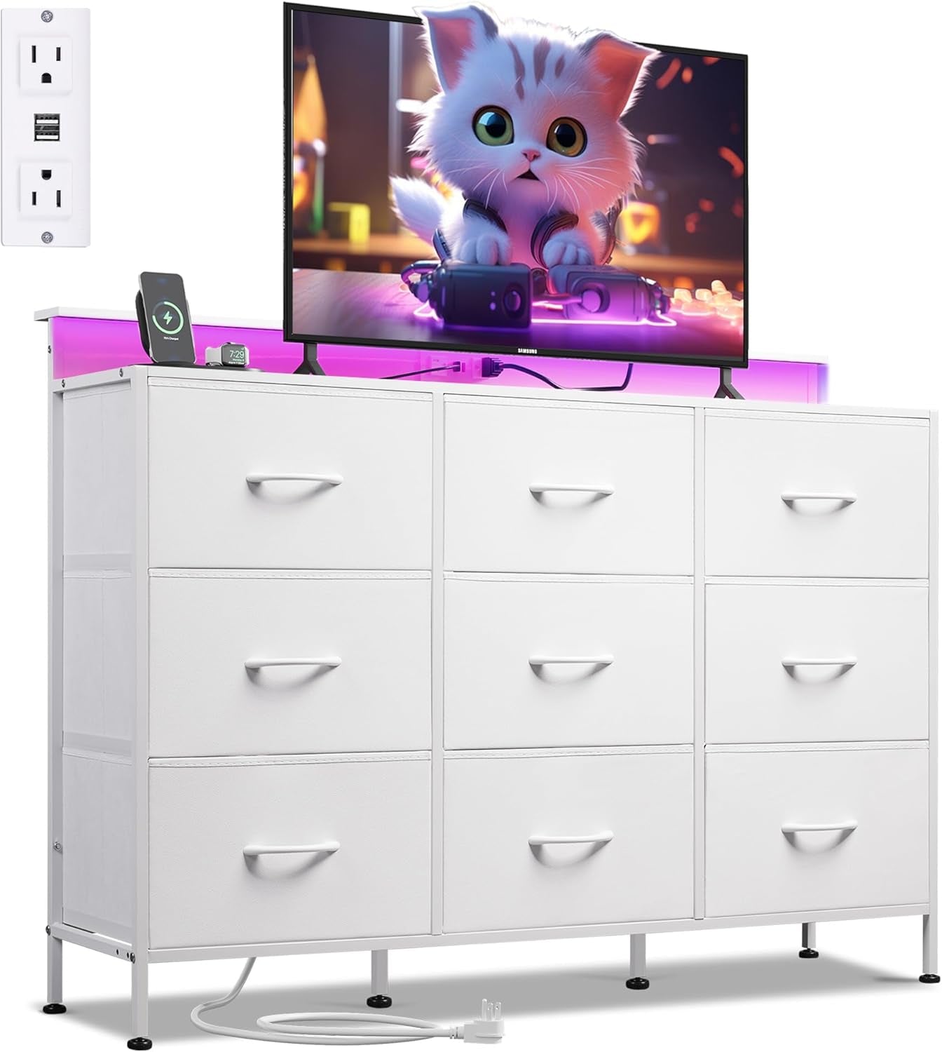 Dresser TV Stand for 55 Inch, Led Dresser for Bedroom, White Dresser for Bedroom with LED Lights and Charging Station, Chest of Drawers, 9 Fabric Dresser Drawers, Wood Top, Living Room, Closet-0