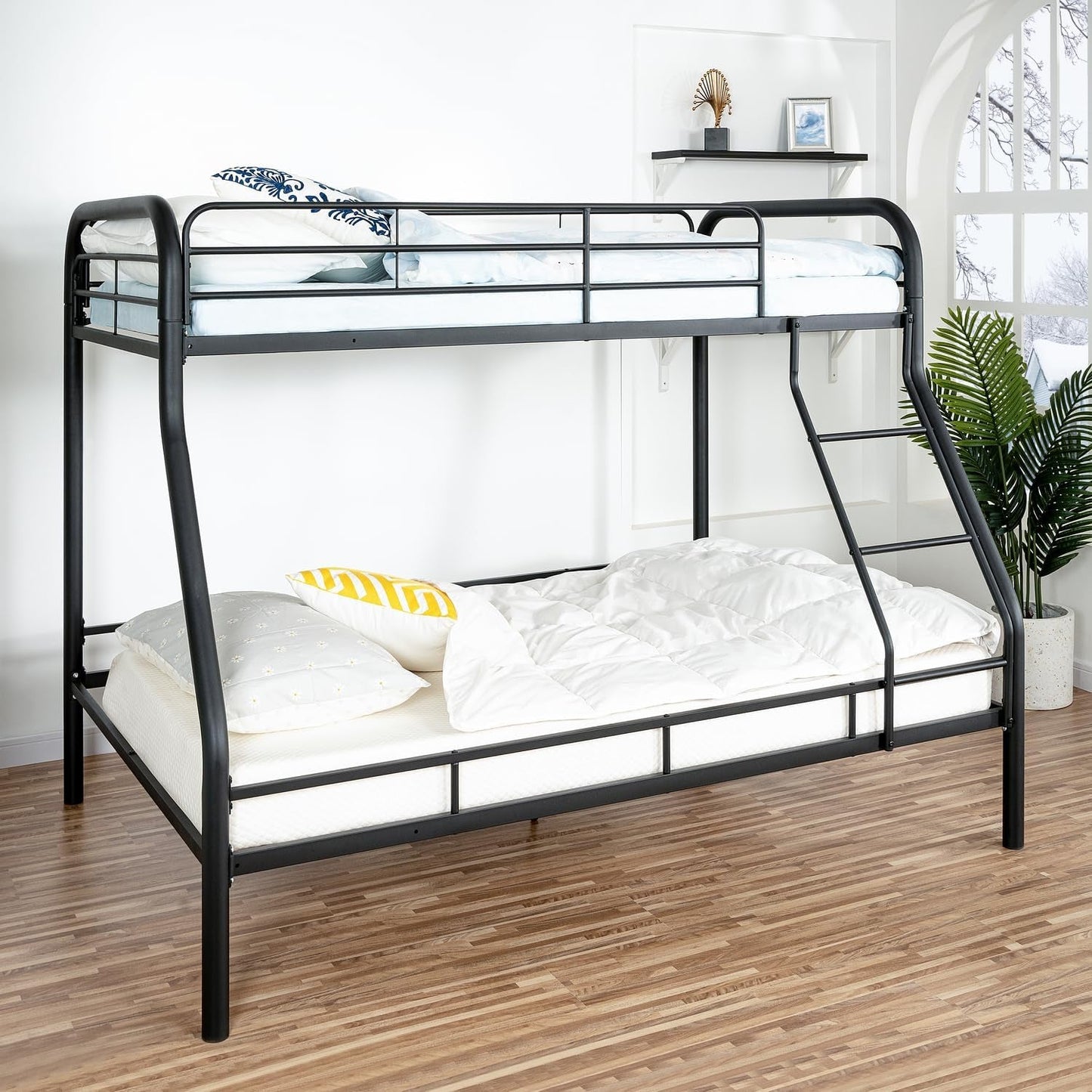 Hollywood Bunk Beds Twin over Full Size, Heavy Duty Metal Bunk Bed with Safety Guardrails, Angled Ladder, Underbed Storage, 800Lbs Capacity - for Kids and Teens, Twin over Full Bunk Bed, Black-0