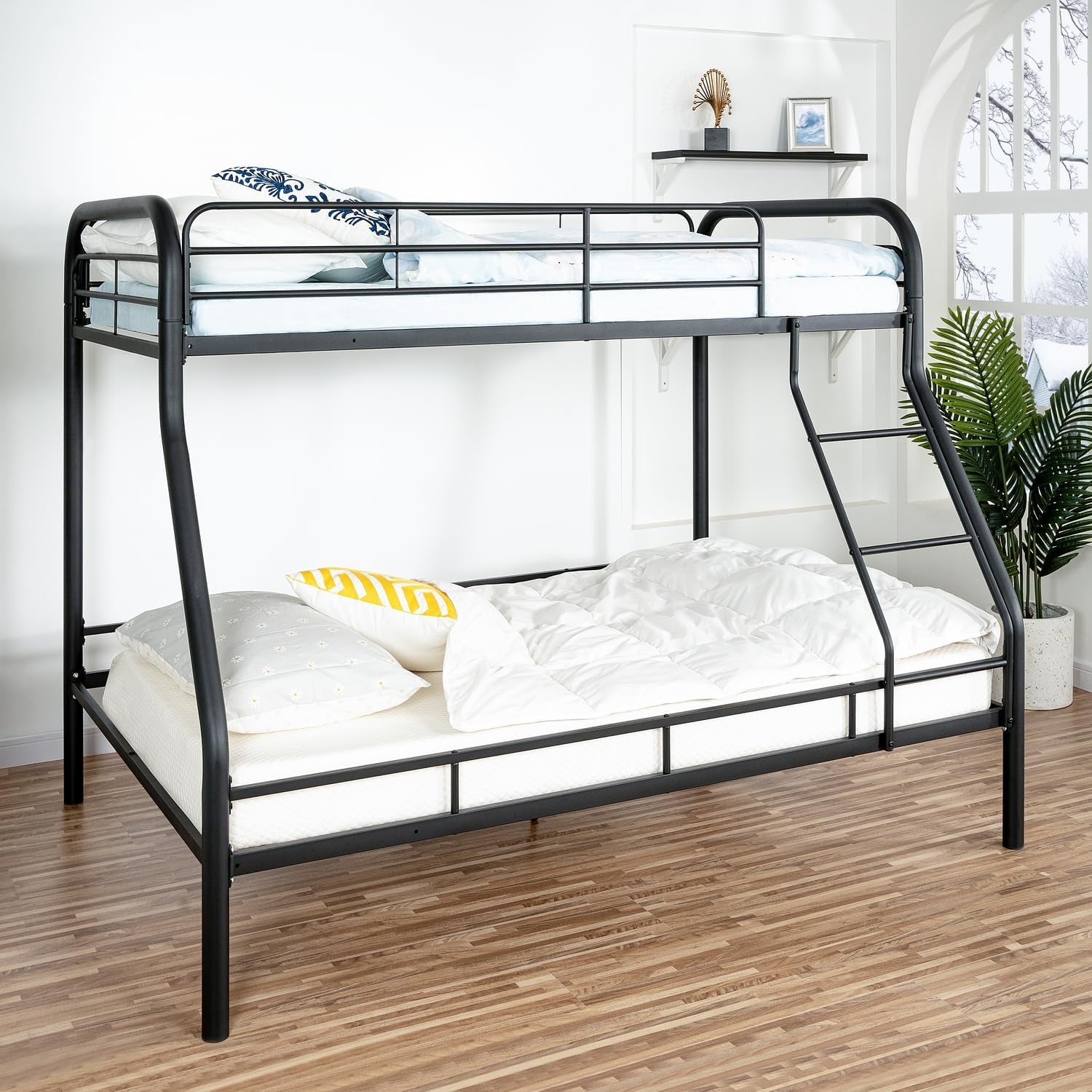 Hollywood Bunk Beds Twin over Full Size, Heavy Duty Metal Bunk Bed with Safety Guardrails, Angled Ladder, Underbed Storage, 800Lbs Capacity - for Kids and Teens, Twin over Full Bunk Bed, Black-0