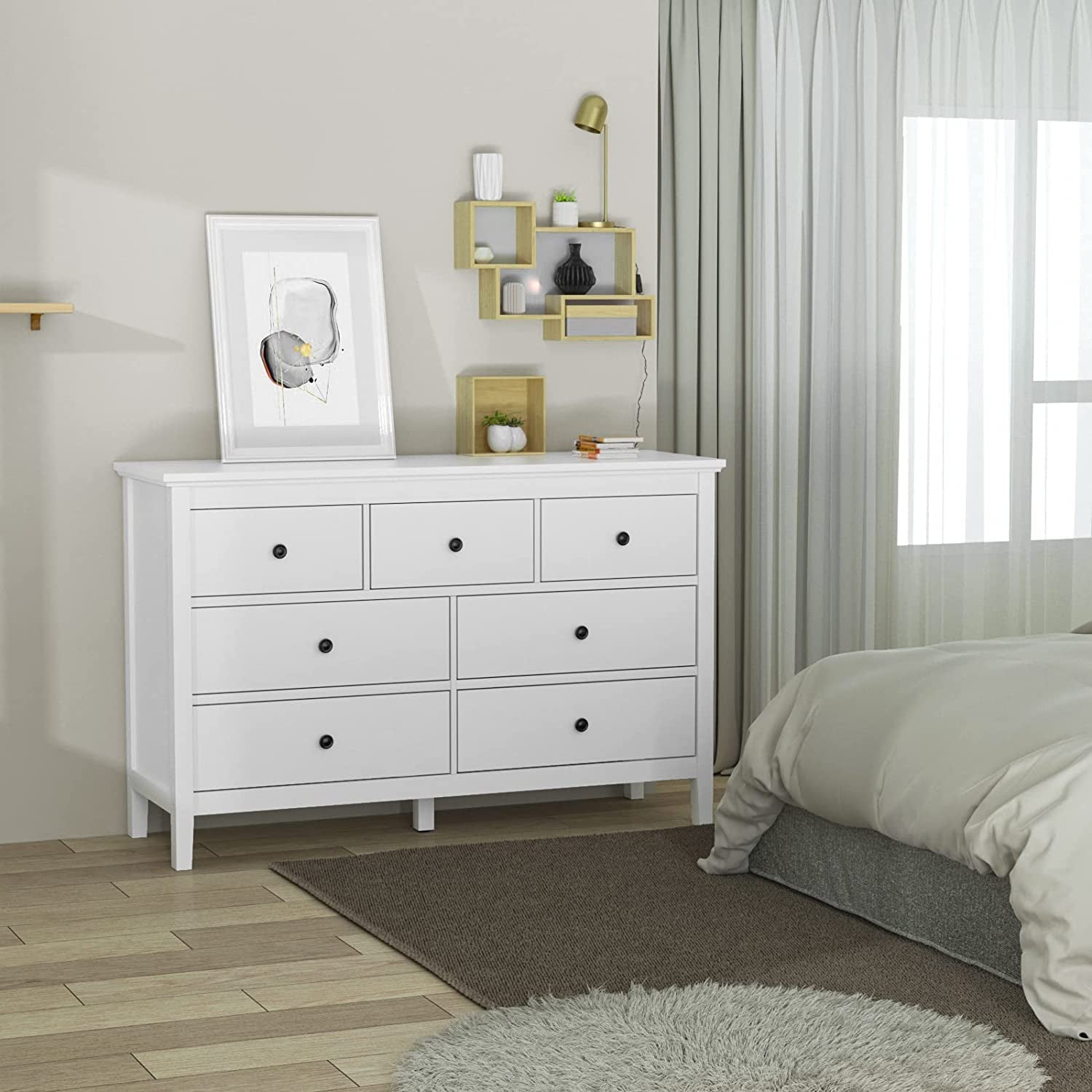 White 7-Drawer Modern Dresser with Solid Wood Legs-3