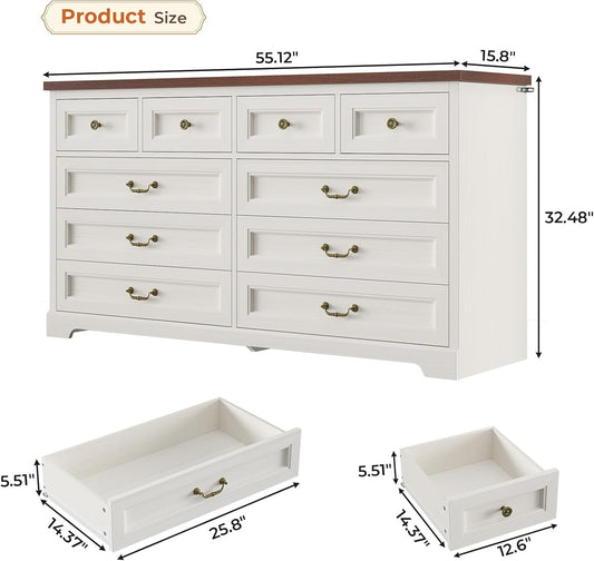 Farmhouse 10 Drawers Dresser for Bedroom, 55.1" Wide Dresser Chest of Drawers, Rustic Wood Storage Dresser with Deep Drawers and Vintage Handle, Large White Dresser for Bedroom, Closet, Hallway-1