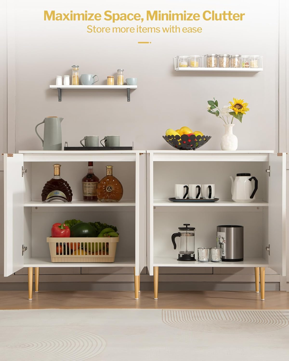 Fluted White Storage Cabinet Set of 2, Wood Sideboard Buffet Cabinet with Spray-Painted Finish, Console Table with Wooden Credenza Accent Cabinet for Living Room, Dining Room, Entryway-3